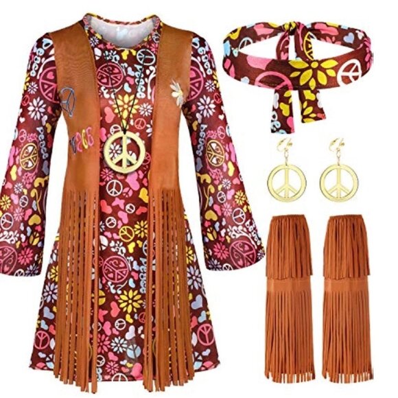Hippie Boho Peace 70s Deluxe Costume Set Halloween Cosplay Set Plus Size XXL-3XL - Picture 5 of 13